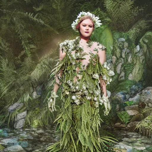 Image similar to a haute couture dress of ferns and flowers and glacial runoff, curvy features, costume design + octane render + hyper realistic + swampy background, vintage