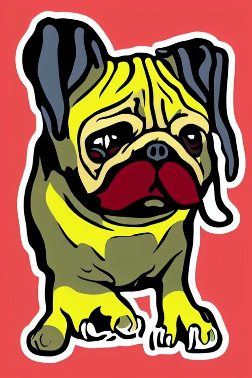 Image similar to Evil pug, the devil, sticker, blood thirsty, spawn of Satan, blood, evil, colorful, illustration, highly detailed, simple, smooth and clean vector curves, no jagged lines, vector art, smooth