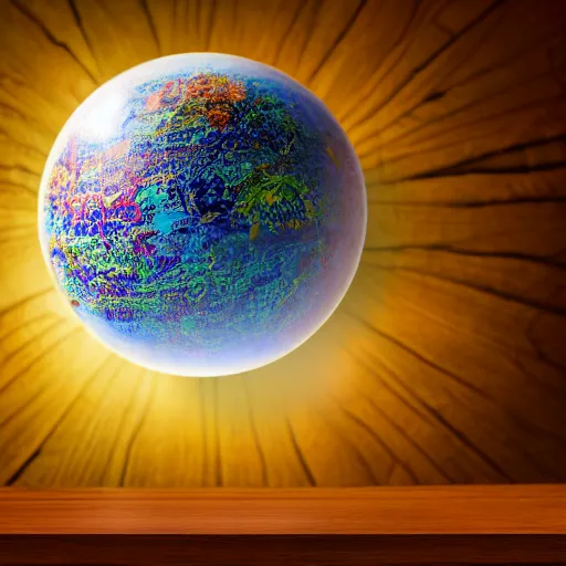 Prompt: planet erath trapped in orb standing on a wooden table, photorealism, highly detailed, hdr, 8 k, complex 3 d render, hyper detailed, ultra sharp - - ar 1 6 : 9