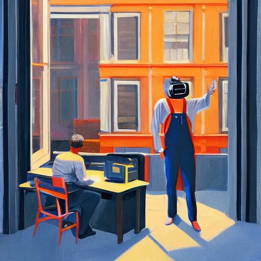 Image similar to A fine art painting of a man wearing Vr goggles dressed in orange overalls (and creating the metaverse at a desk with screens), view from outside looking in through a window on a British street. In the style of Edward Hopper and Wes Anderson