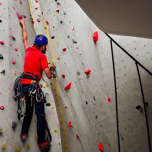 Image similar to A climbing expedition climbing the stairs of a regular apartment building. They are using ropes, pickaxes and other professional climbing gear in order to climb the stairs. Photograph, f/8, room lighting, indoor