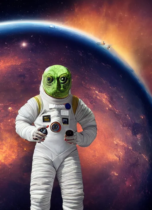 Image similar to A Reptillian wearing a spacesuit standing in the middle of a crowded 70s space station