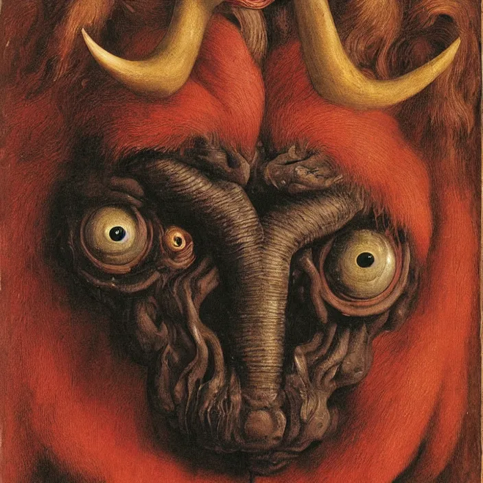 Image similar to close up portrait of a mutant monster creature with giant protruding eyes bulging out of their eye sockets, exotic orchid - like mouth, long colorful hair growing out of the nostrils, antelope horns. by jan van eyck, audubon