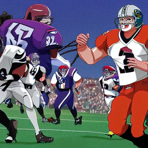 Image similar to nfl game, manga, anime, 2 d - animation, cel shaded, cel shading, madhouse studio, studio ghibli, unfotable studio