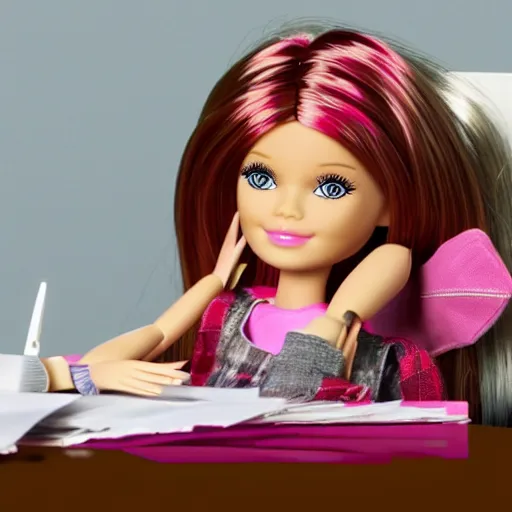 Image similar to a tired!!!!! and sad!!!!! barbie doll sits at a desk in her office. the desk is overflowing!!! with several large stacks!!! of paper that surround!!! her entirely. her head is resting on her hand, photorealistic,