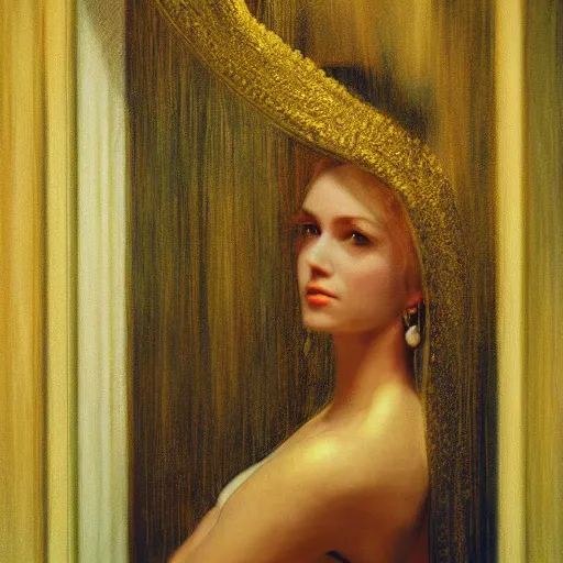 Image similar to a beautiful girl's face made of ivory and gold filigree, film still by edward hopper, by Bosch, by klimt, art noveau, highly detailed, very ornate, strong lights, liminal, eerie, Bright pastel colors, octane render, 8k