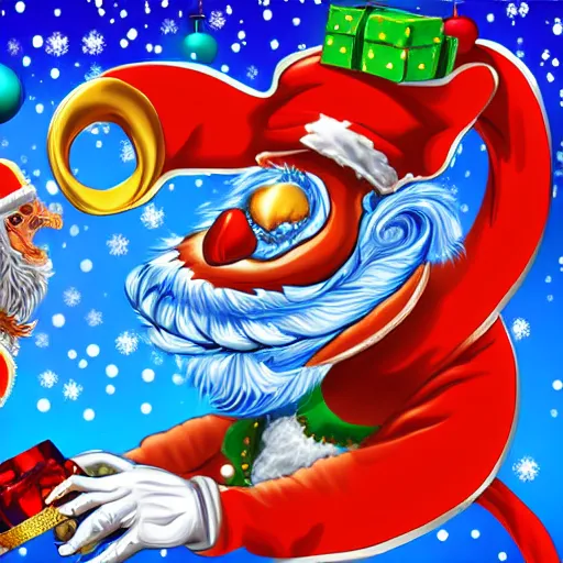 Image similar to blue santa playing checkers against a christmas themed dragon, digital art, highly detailed,