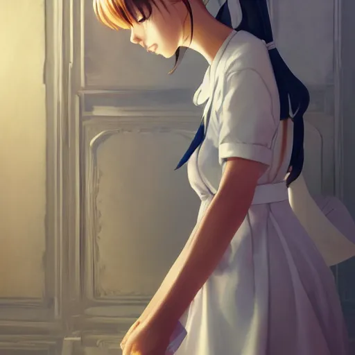 Image similar to a young woman in maid uniform by Stanley Artgerm Lau, WLOP, Rossdraws, Guweiz, Marc Simonetti, Studio Ghibli, krenz cushart, pixiv, background by James Jean and gustav klimt and John Marshall Gamble, 4k, volumetric lighting, french nouveau, trending on artstation, octane render, hyperrealistic