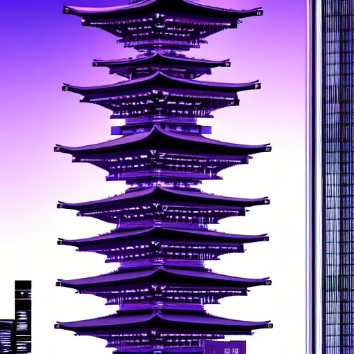 Image similar to Futuristic Pagoda Shrine in Tokyo megapolis in style of Tsutomu Nihei in purple and black tones. ArtStation, Cyberpunk, vertical symmetry, 8K, Highly Detailed, Intricate, Album Art.