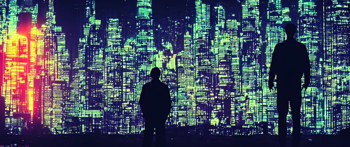 Image similar to one man silhouette standing in front of a cyberperunk city, neon lights, night, very beautiful, trending on deviantart, movie still, bokeh