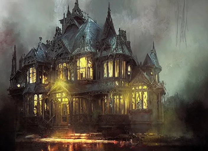 Image similar to gothic mansion, ornate, magical, artwork, paint, complimentary colors, bastien lecouffe - deharme, by jeremy mann