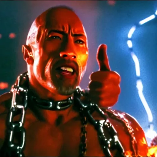 Image similar to film still of dwayne johnson descending into a molten metal pooll with chains and giving a thumbs - up in terminator 2 1 9 9 1, epic, volumetric lighting, hd, 8 k