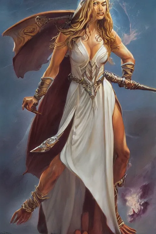 Image similar to a portrait of a beautiful female wizard, beautiful clothes, style of Boris Vallejo and Frank Frazetta, very detailed, fantasy art, trending on artstation and deviantart