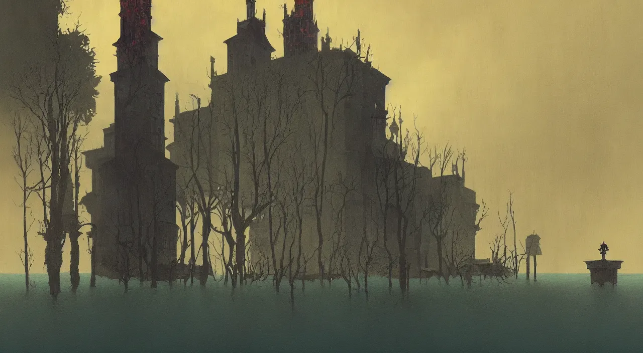 Prompt: single flooded simple horror tower, very coherent and colorful high contrast!! masterpiece by rene magritte simon stalenhag carl spitzweg syd mead norman rockwell edward hopper james gilleard, minimalist, dark shadows, sunny day, hard lighting