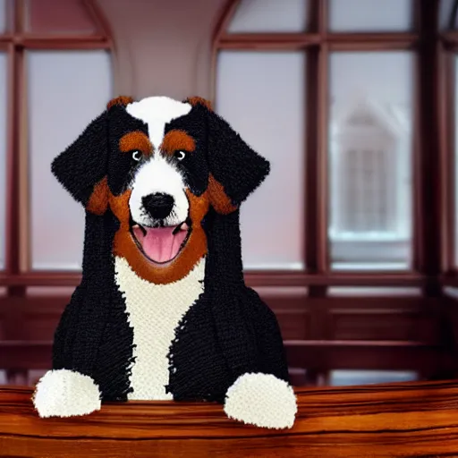 Image similar to a closeup photorealistic photograph of a cute smiling knitted bernedoodle judge dog dressed in a black gown, presiding over the courthouse. indoor image, professional capture, well lit shot. this 4 k hd image is trending on artstation, featured on behance, well - rendered, extra crisp, features intricate detail, epic composition and the style of unreal engine.