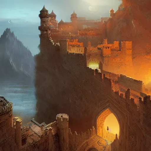 Prompt: prince of persia castle keep on glorious cliff moat with the crescent moon rippling above. Craig Mullins, Dylan Cole, Liang Mark, Darek Zabrocki, Finnian MacManus, Sung Choi, Ruan jia, Albert Bierstadt Greg Rutkowski, Cinematic Keyframe Environmental & Architectural Design Concept Art, Trending on ArtStation