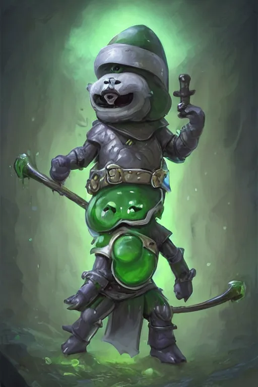 Image similar to cute anthropomorphic green slime jelly knight wearing a cape, tiny, small, miniature bear, baby slime , short, pale blue armor, cute and adorable, pretty, beautiful, DnD character art portrait, matte fantasy painting, DeviantArt Artstation, by Jason Felix by Steve Argyle by Tyler Jacobson by Peter Mohrbacher, cinematic lighting