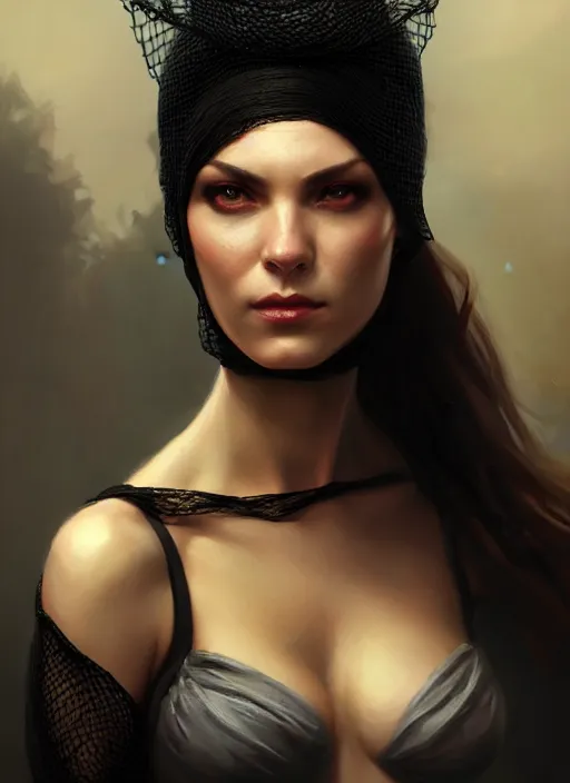 Prompt: a _ fantasy _ style _ portrait _ painting _ of widow black net bonnet, oil _ painting _ unreal _ 5 _ daz. _ rpg _ portrait _ extremely _ detailed _ artgerm _ greg _ rutkowski _ greg