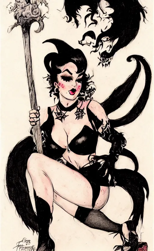 Image similar to of a witch girl burlesque psychobilly punk, rockabilly black hair, white background, drawing, illustration by frank frazetta