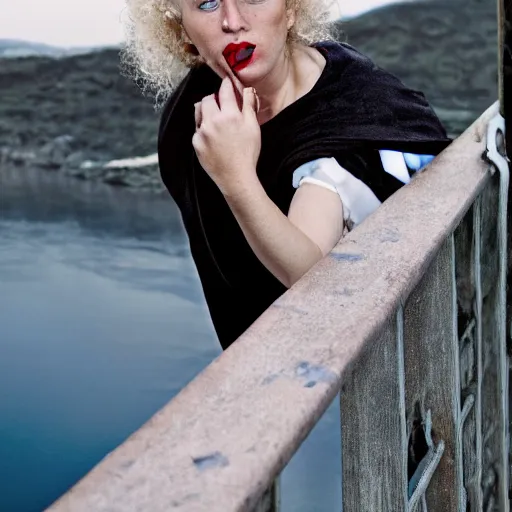 Image similar to a woman looking sick and leaning over the railing of a ship, a beautiful english woman with a long face narrow nose pale skin blue eyes red lips and wild messy tangles of curly white blonde hair, high resolution film still wearing a black robe and skull necklace and holding a spear, sandy, a journey to the west