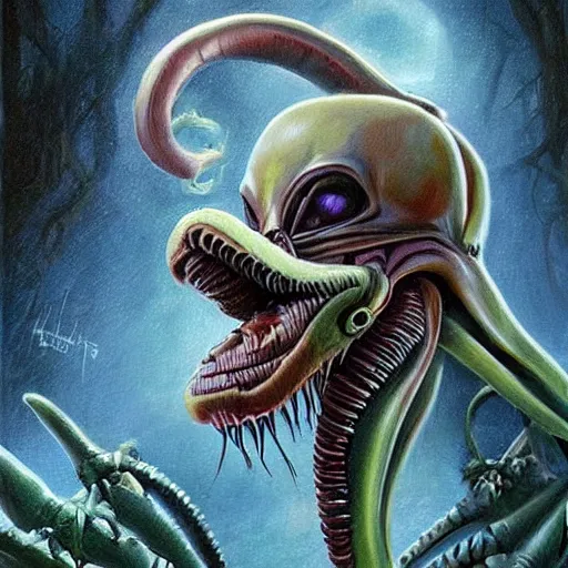 Prompt: realistic portrait beautiful painting of Lilo mutate into a Xenomorph. Horror, created by Thomas Kinkade.