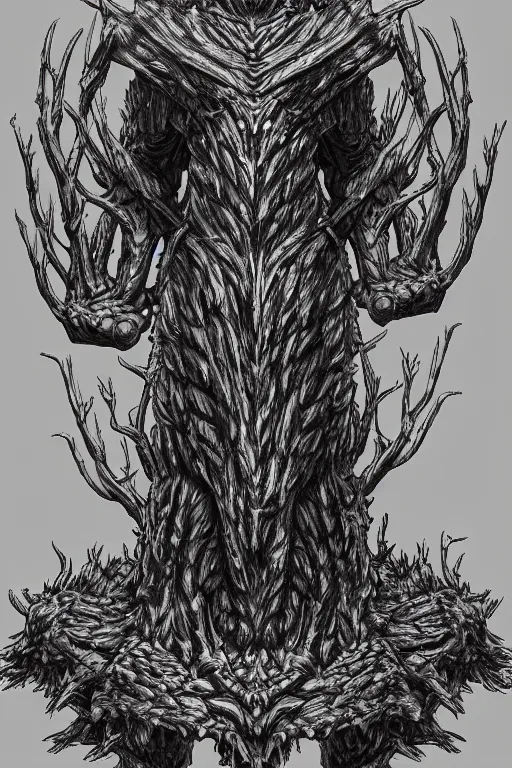 Prompt: armoured tree human figure monster, symmetrical, highly detailed, digital art, tree armour, sharp focus, trending on art station, kentaro miura manga art style