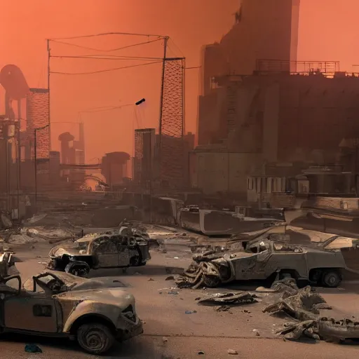 Prompt: machines and robot soldiers run on the horizon in a deserted street full of machines and wrecked cars. there are destroyed and abandoned buildings in the background. rockets take off on the horizon leaving this planet that has become uninhabitable, 4k, highly detailed, cinematic render