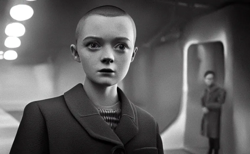 Image similar to sadie sink with buzz cut hair in oversized man's coat : a still from a scifi soviet cyberpunk film from 1 9 8 0 s. by steven spielberg and james cameron. 6 5 mm low grain film stock. sharp focus, realistic facial expression, perfect anatomy, global illumination, radiant light, detailed and intricate environment, trending on artstation