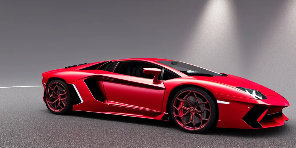 Image similar to Lamborghini Aventador LP 700-4 in red with pearl effect with purple spoilers on a sunny highway, side view concept art 3D digital art product design render in light room photo studio, octane rendering, dramatic lighting, HDR, VRAY 2k render, ray tracing