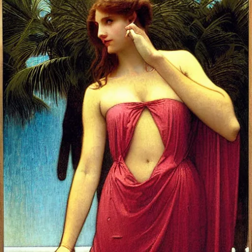 Image similar to Girl with a blood chalice at the palace, thunderstorm, pool, beach and palm trees on the background major arcana sky, by paul delaroche, alphonse mucha and arnold böcklin arnold böcklin hyperrealistic 8k, very detailed