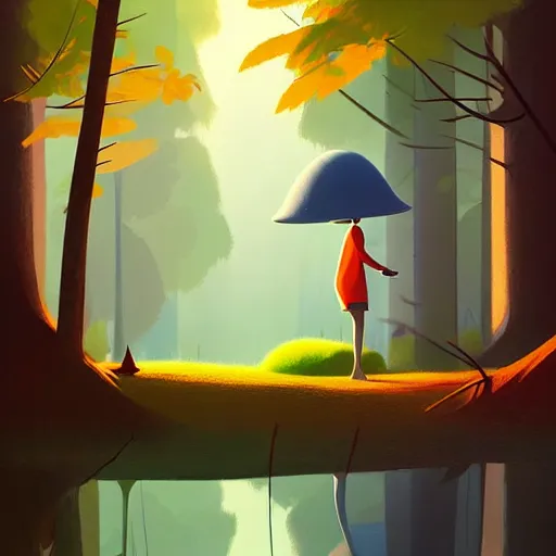 Prompt: goro fujita ilustration a beautiful forest with tall and short trees, with lots of vegetation, reflected in a lake, the rays of light go through the forest, characters drawn with simple shapes appearing through the illustration, painting by goro fujita, sharp focus, highly detailed, artstation