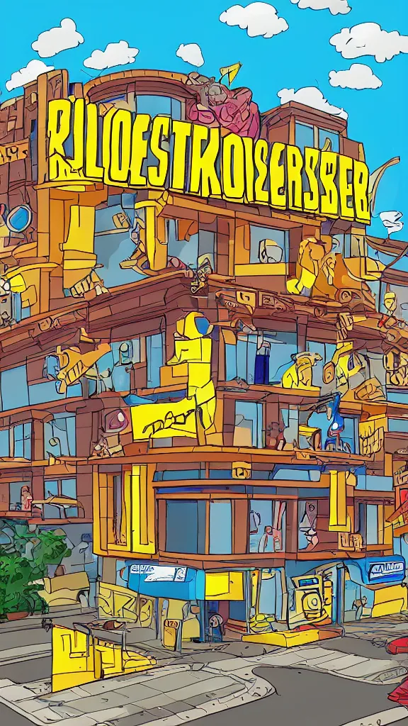 Image similar to blockbuster building in the style of a 90s cartoon