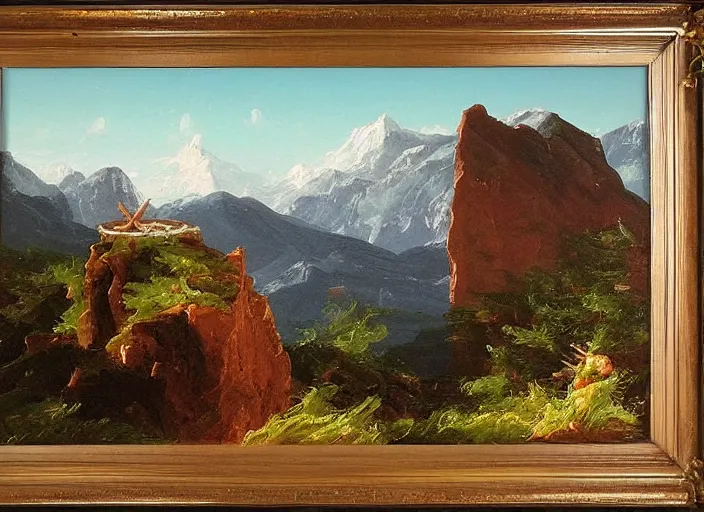 Image similar to painting of a modern minimalist sculpture in front of beautiful mountains by thomas cole