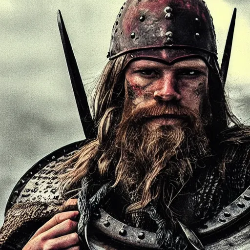 Prompt: viking warrior after battle, bloddy, exhausted, tired, thousand yard stare, realistic, dramatic, epic, cinematic