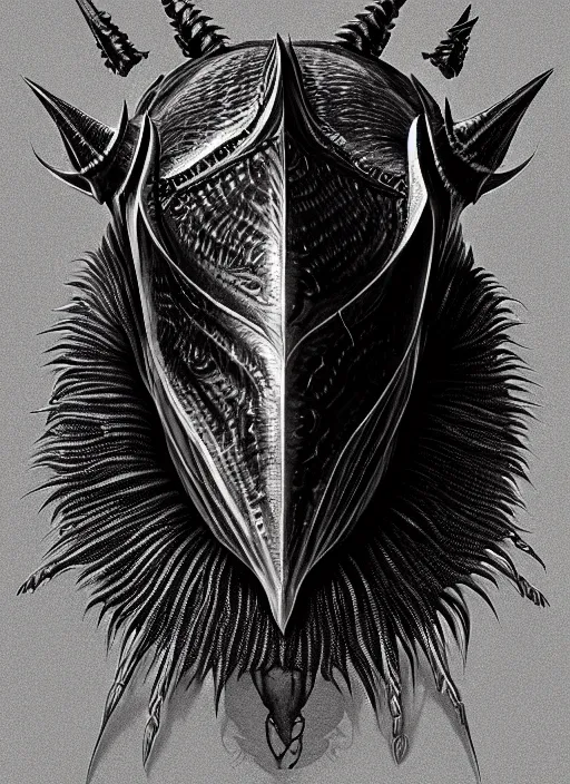 Image similar to anthropomorphic obtuse triangle head in edgy darkiron horseshoe crab, intricate, elegant, highly detailed animal monster, digital painting, artstation, concept art, smooth, sharp focus, illustration, art by artgerm, wayne barlowe, trending on artstation and greg rutkowski and alphonse mucha, 8 k