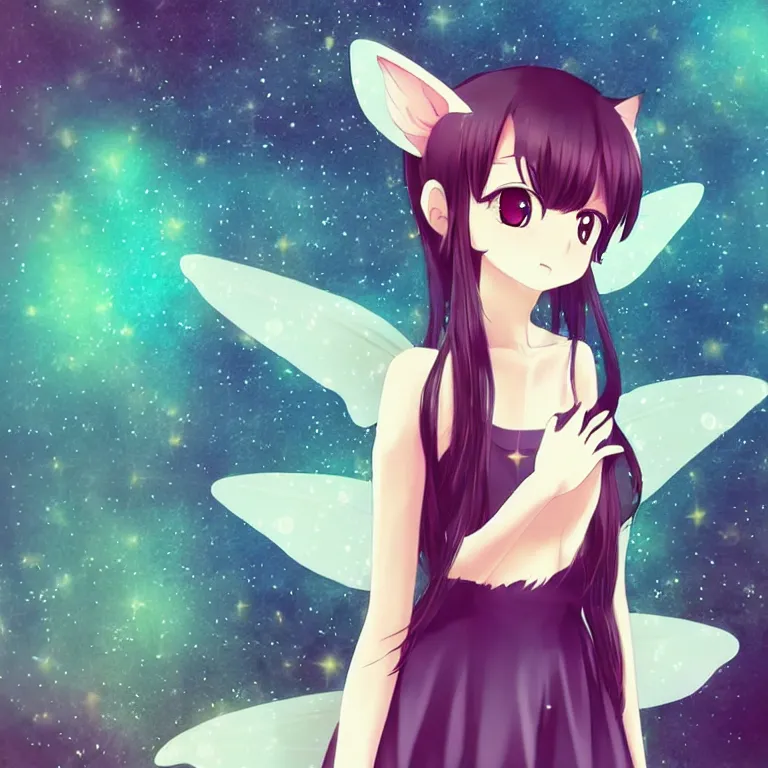 Prompt: cute, full body, female, anime style, a cat girl with fairy wings, large eyes, beautiful lighting, melancholy, sharp focus, simple background, creative, heart effects, filters applied, illustration