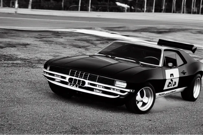 Image similar to audi camaro b 1 ( 1 9 6 9 ) drifting, phonk music background, smoke behind wheels, noise, dark, establishing shot