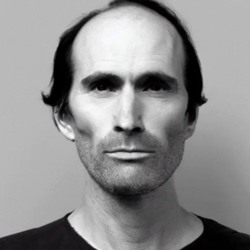 Image similar to A mugshot portrait of a middle aged man who looks like Jerma985 with a receding hairline and short mid-length wavy hair, wearing mid-1980s menswear in the late 2008, taken in the late 1980s, grainy, realistic, hyperrealistic, very realistic, highly detailed, very detailed, extremely detailed, detailed, trending on artstation, front facing, front view, headshot and bodyshot, detailed face, very detailed face