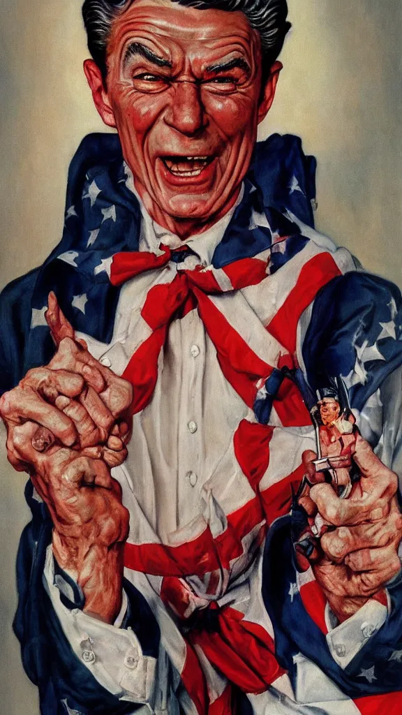 Image similar to ronald regan dressed as satan, painting in the style of norman rockwell, 1 9 5 0 s, evil, hyperrealistic, photorealistic, award - winning, 4 k, ultra hd, artstation, intricate, highly detailed, patriotic, american, usa, dark, gritty