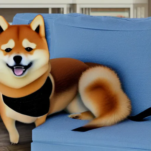 Prompt: doge the shiba - inu as a futuristic robot made of metal and carbon - fiber, in a sunny suburban living - room.