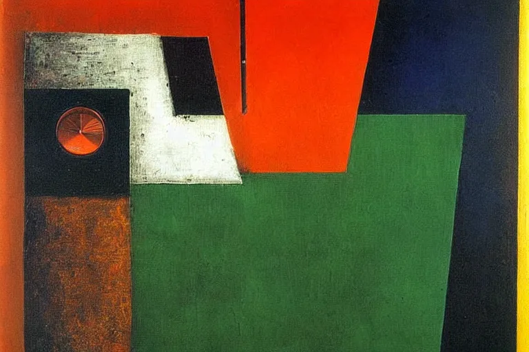 Prompt: born under a bad sign, watches, radios, good luck and trouble are my only friends, colors white!!!!!!!, orange, dark green, dark blue!! abstract oil painting, by max ernst