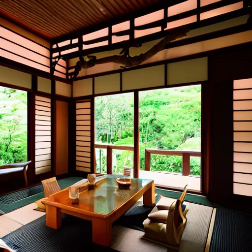 Prompt: inside a cozy dark wooden Japanese house with a indoor koi pond, bonsai trees, stream flowing through the house,fireflies, wild flowers, raining, bamboo forest, evening time, peaceful, calm, atmospheric