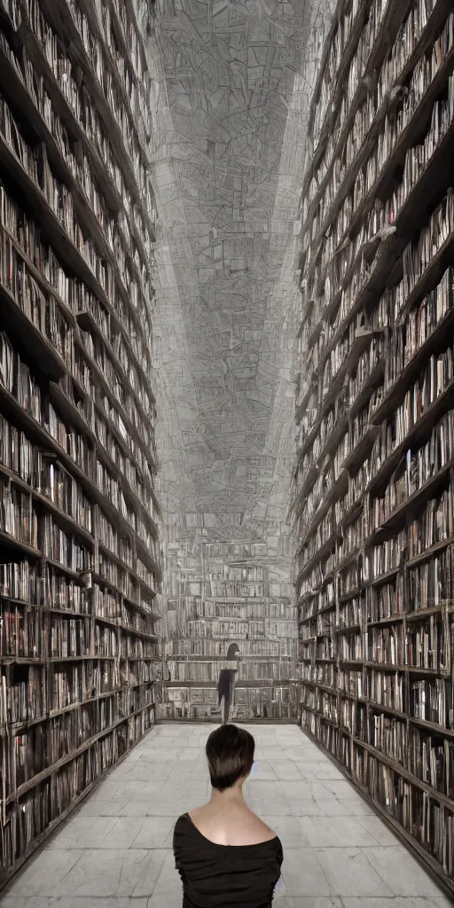 Prompt: 8 k photo of 1 0 0 0 ft concrete library filled with books, low - hanging mist, interior, light shafts, hyper - realistic, highly detailed and intricate, ornate, luxury, elite, abandoned, creepy, ominous, haunting, cinematic, smoky, gothic, slender - woman in the corner. atmospheric