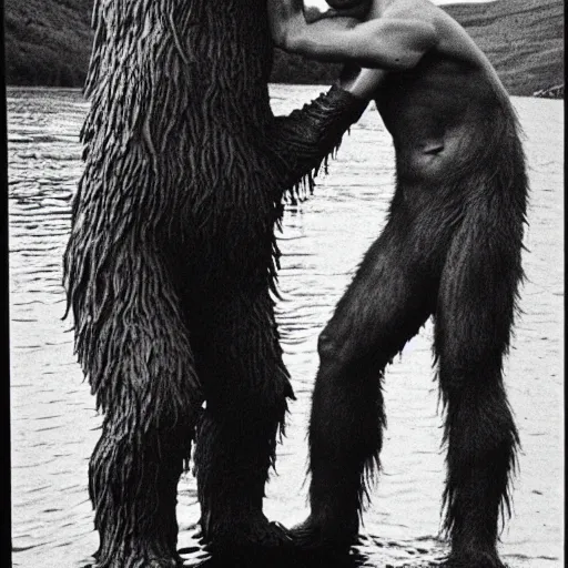 Prompt: 1980s photo of the Loch Ness monster kissing Bigfoot