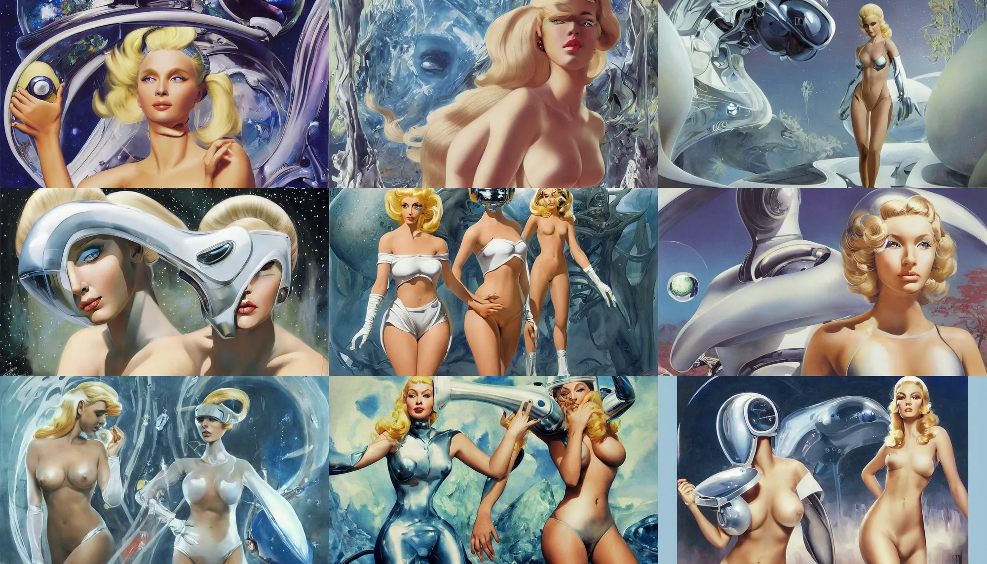 Prompt: A mixed media painting of a very beautiful blonde woman walking through an alien environment, elegant, aesthetic!!! symmetrical face and eyes, piercing gaze, photorealistic, curvy, model, futuristic white-space-bikini, 60's cartoon-glass-helmet, eighties pinup style, by Frank Frazetta, Boris Vallejo, Donato Giancola, Beeple, Greg Rutkowski, Christian MacNevin, epic fantasy character art, full length, high fantasy, prometheus, CGsociety, exquisite detail, post-processing, masterpiece, cinematic