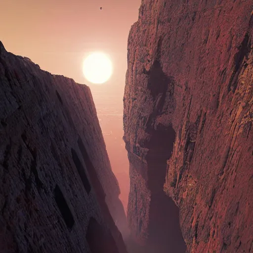 Prompt: a high angle on a wide, deep crack on a red moon with no atmosphere, industrial space colony hugging the cliffs on both sides of the crack, bridges crossing the gap, sci - fi art by greg rutkowski