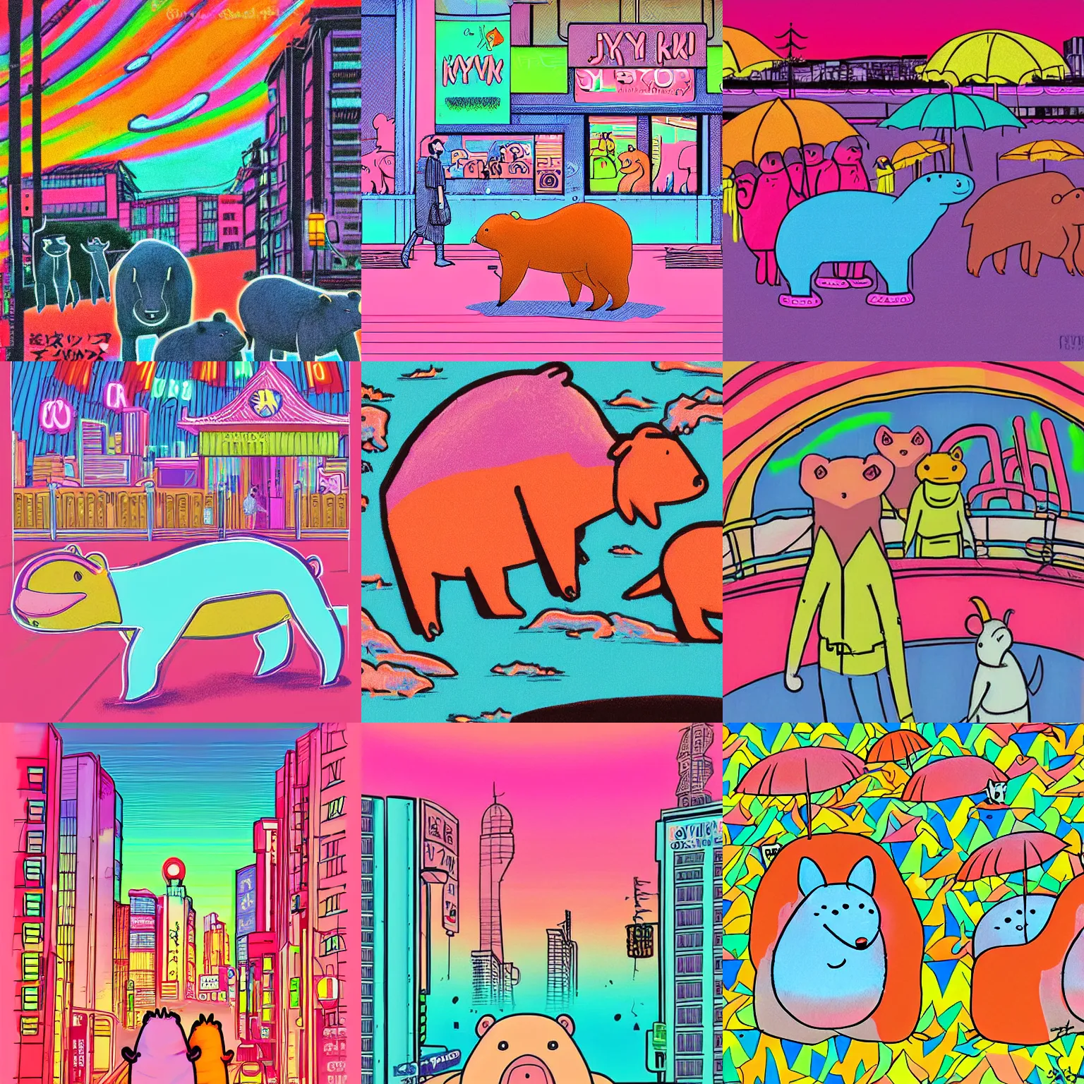 Prompt: neon pastel art style, detailed cartoon, capybaras in tokyo