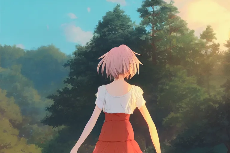 Prompt: anime girl in dress standing with his back to us, looking to beautiful horizon, rock, trees, lit by sunset, polaroid, trending on artstation