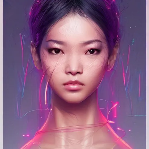 Image similar to portrait of asian female humanoid, intricate, elegant, cyber neon lights, highly detailed, digital illustration, trending in artstation, trending in pinterest, glamor pose, concept art, smooth, sharp focus, art by artgerm and greg rutkowski