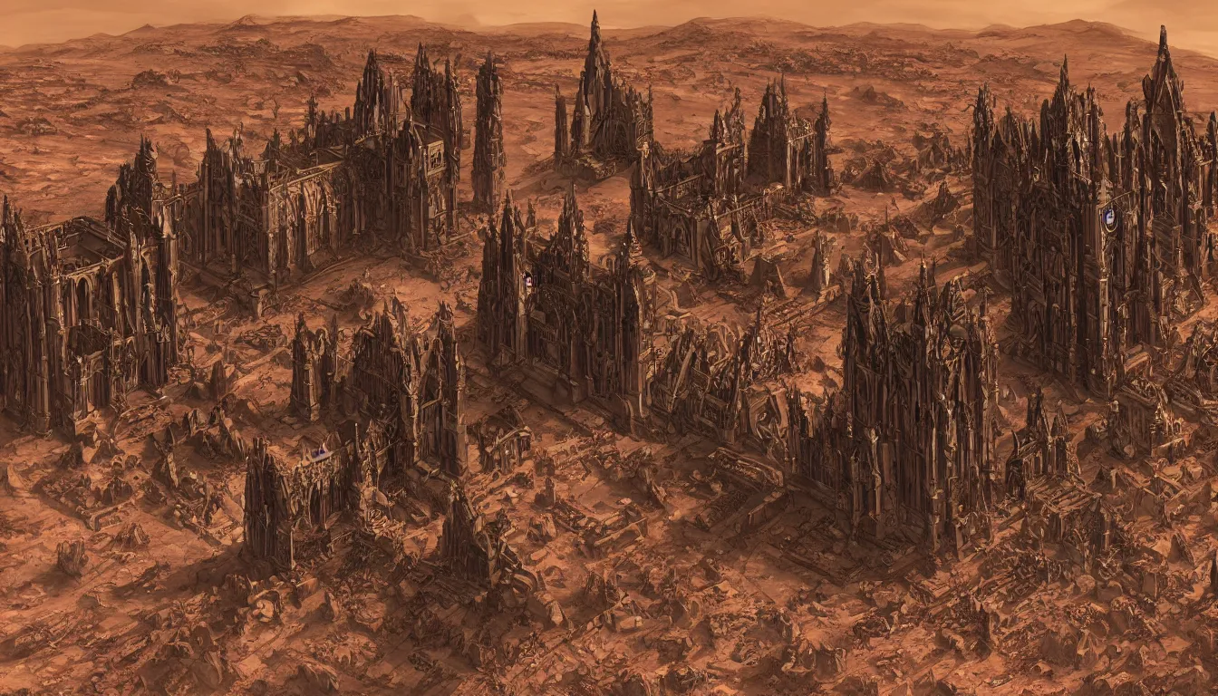 Prompt: A Cathedral in Mars, architecture in the style of Warhammer 40k Adeptus Mechanicus, digital art, highly detailed